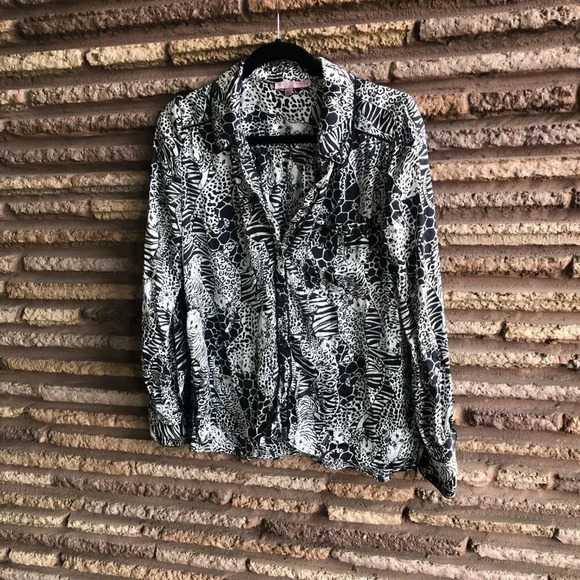 Calyso St Barth Black White Leopard Tiger Print 100% Silk Blouse - Picture 2 of 7